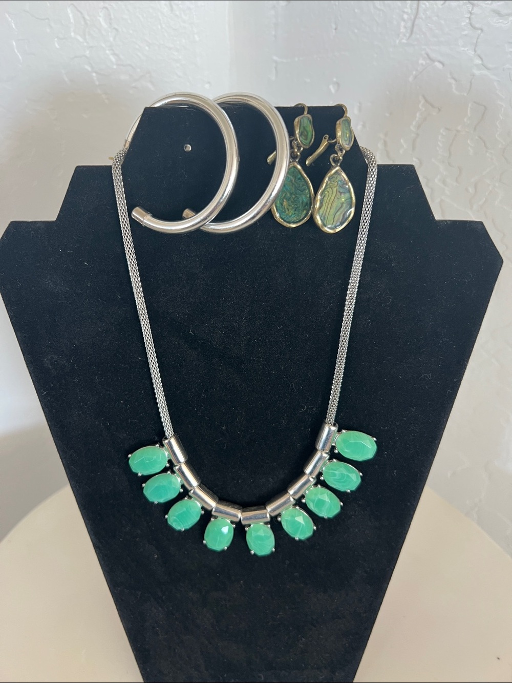 Silver Chain Necklace with Mint Green Gemstones and 2 pair earrings